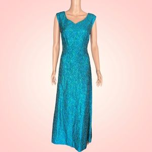 50s early 60s Teal Blue Green Brocade Lamè Maxi Length Sleeveless Dress.